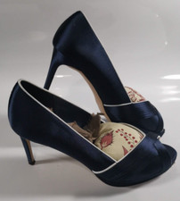 Phase Eight Shoes 7 40 Fia Satin Pleated Navy Blue Heels Cream Trim Peep Toe