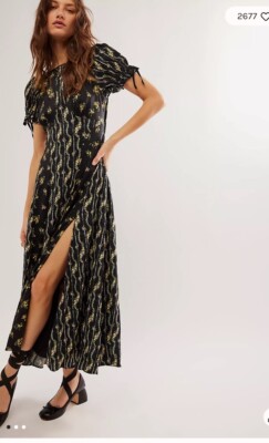 Free People Magdalena Printed Form Fitting Puff Sleeve Vintage Midi Dress 10