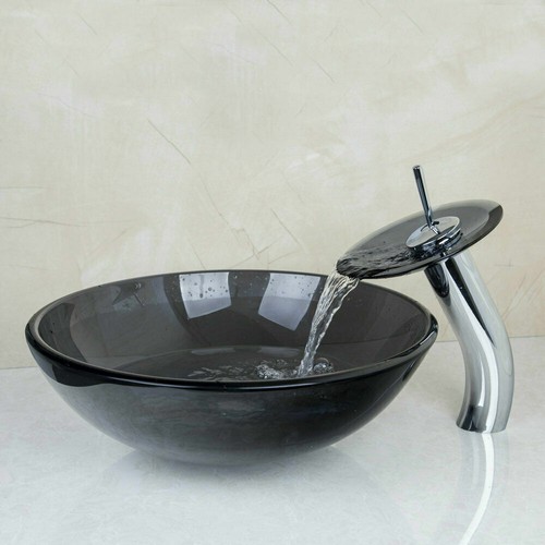 US Bathroom Round Tempered Glass Vessel Sink Bowl Deck Mounted Faucet Mixer Tap - Picture 4 of 6