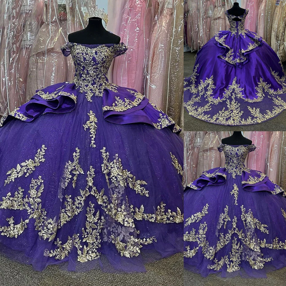 Purple Quinceanera Dresses Off Shoulder Gold Appliques Sweet 15 16 Ball  Gowns | eBay