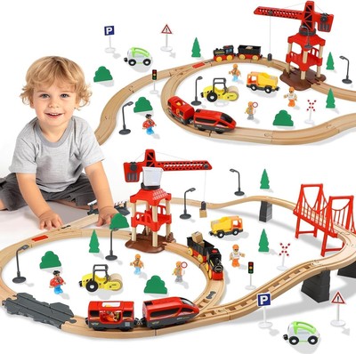 TOY Life Train Set 80pcs Train Toys with Crane & Locomotive Train, Train Set ...