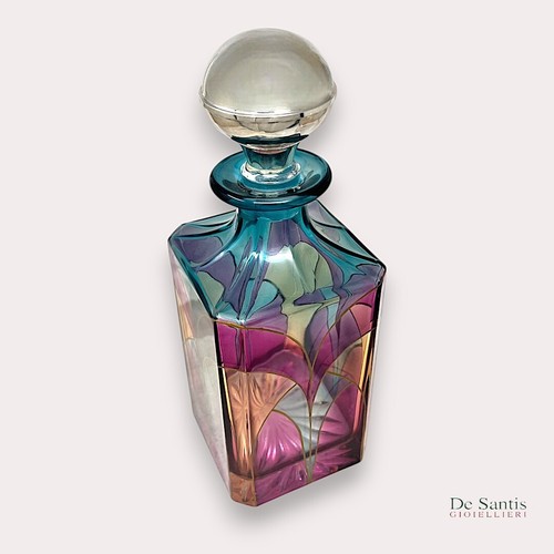 Elegante Bottiglia Liquori Cristallo Colorato Tappo in Argento Casa Lusso - Imagen 3 de 4