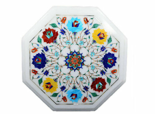 12-inch Marble Coffee Table with Semi-Precious Stone Inlay Handmade Home Decor