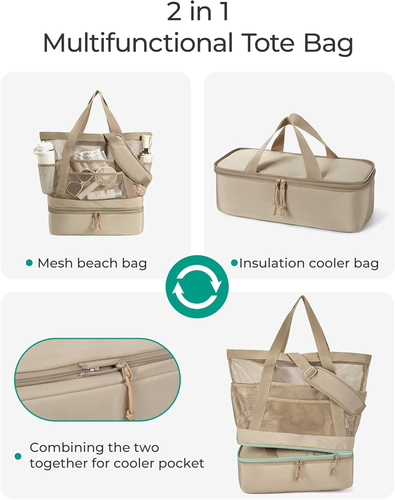 Beach Bag with Cooler, Mesh Beach Tote Bag with Zipper and Pockets Large Packabl - Picture 3 of 12