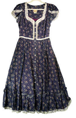 Vintage Gunne Sax Midi Dress Womens Juniors Size 13 Blue Lace