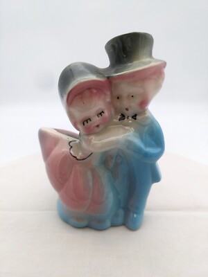 Vintage Pottery Boy and Girl Dancing Couple Planter Blue/Pink Outfit