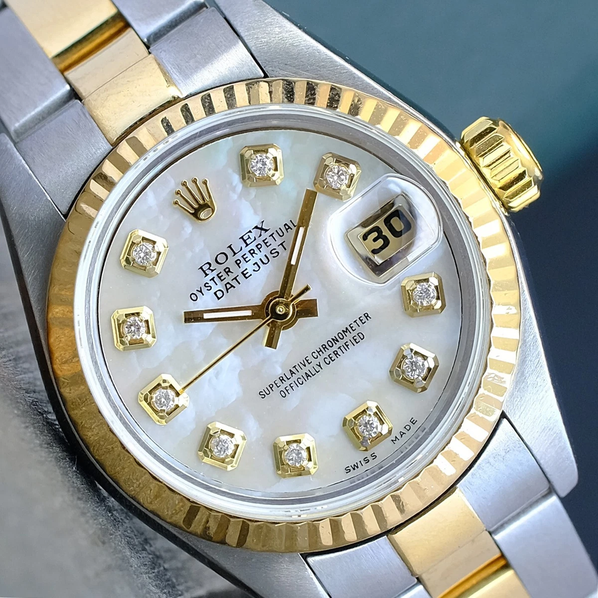 ROLEX DATEJUST LADIES WATCH GOLD STEEL WHITE DIAMOND DIAL FLUTED OYSTER 69173