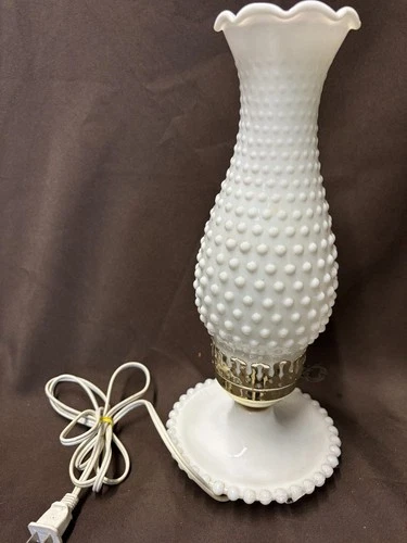 Vintage White Milk Glass Hobnail Electric Hurricane Lamp 13"