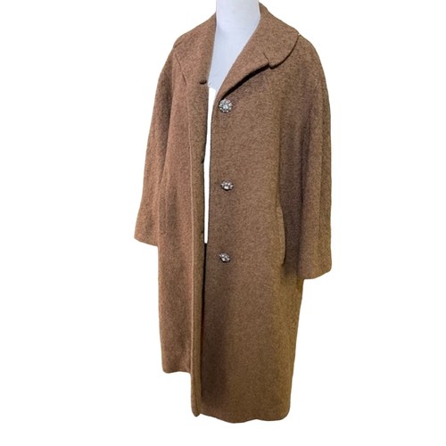 Vintage 60er Jahre Boucle Strick braun Trenchcoat Strass Knöpfe elegant langer Mantel - Bild 2 von 12