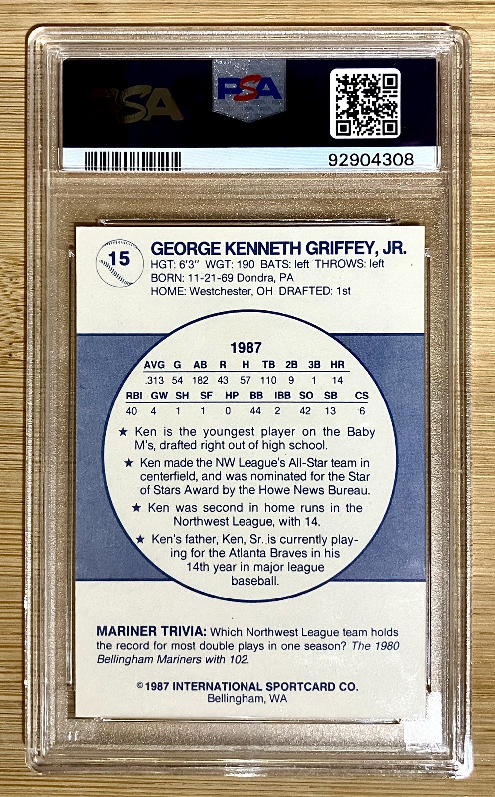 Ken Griffey Jr. SIGNED 1987 Bellingham Mariners Team Issue #15 RC PSA 8, AUTO 9 view 2