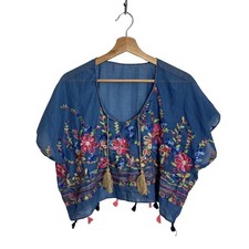 Blue Sheer Floral Embroidered Tassel Cropped Top Boho Festival Kimono Blouse