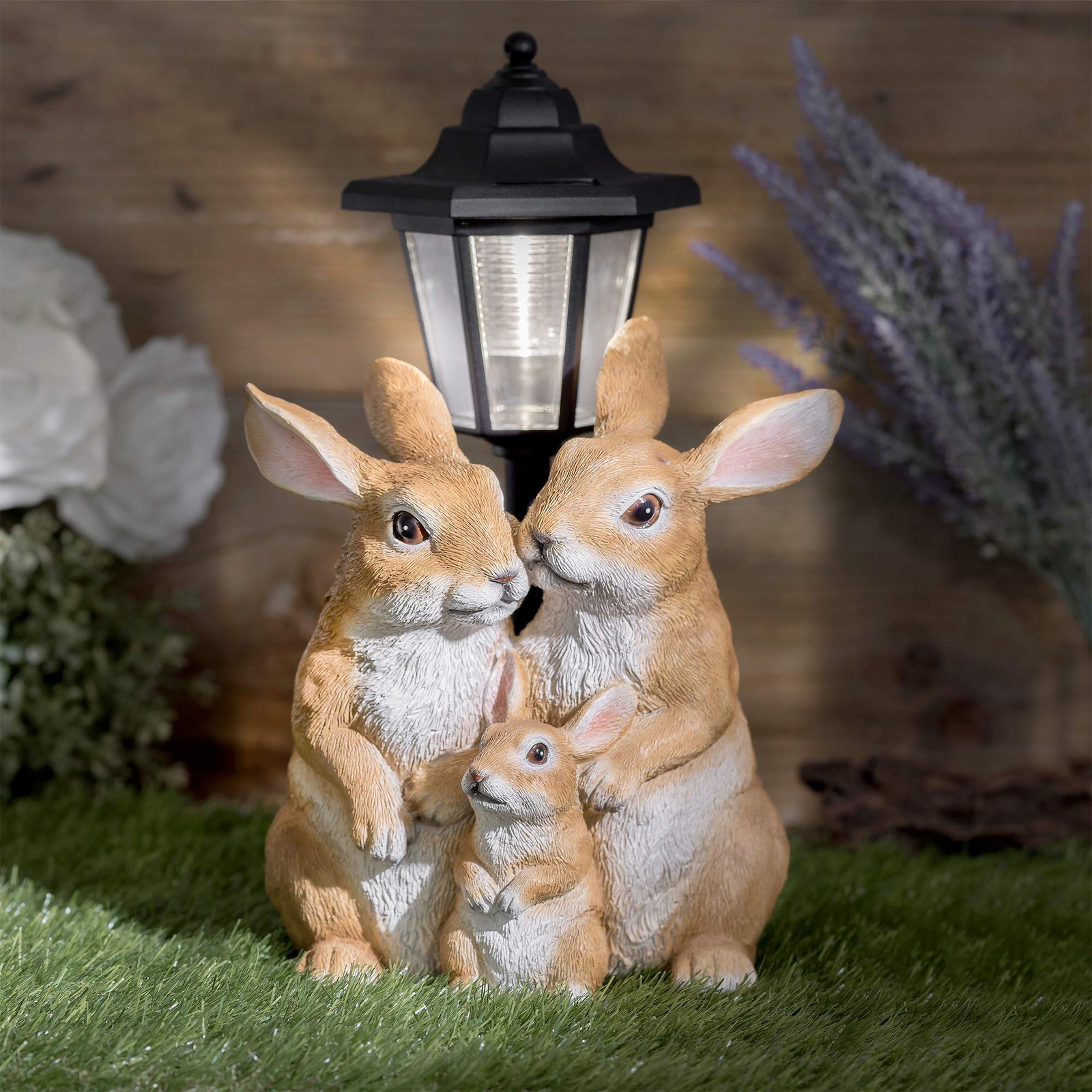 GloBrite Solar Rabbit Family with Lantern Post Light – Resin Garden Ornaments...