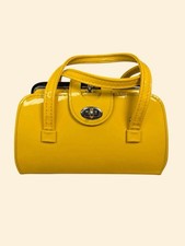 1950s 1960s Vintage Yellow Patent Handbag Double Frame Mid Century Purse