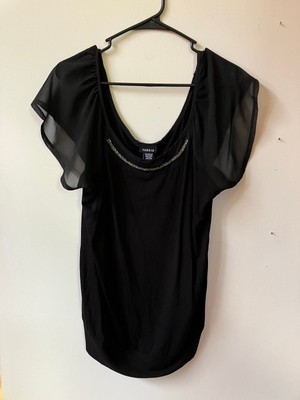 Torrid Black Blouse Silver Beaded Trim Neckline Flutter Sleeve Popover - Size 1