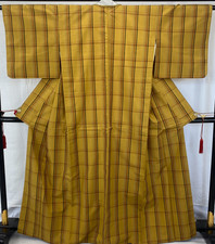 Japanese Vintage Kimono Silk Brown Oshima Traditional Authentic Length 64 in