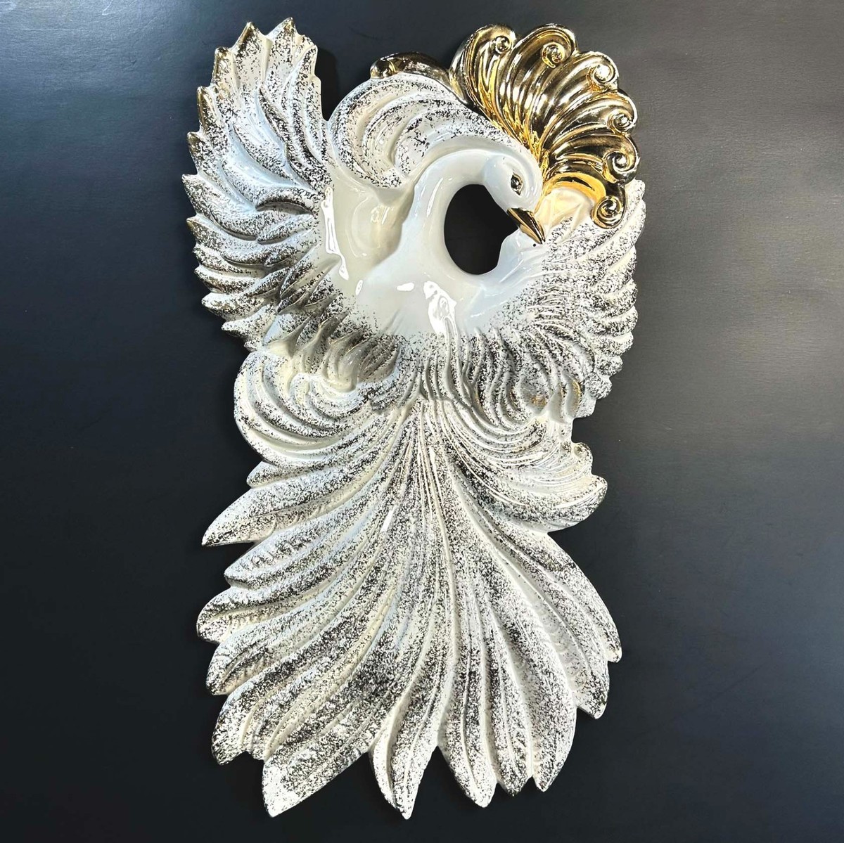 Vtg Ceramic Swan Wall Hanging White Gold #788 USA L Calif Orig 17