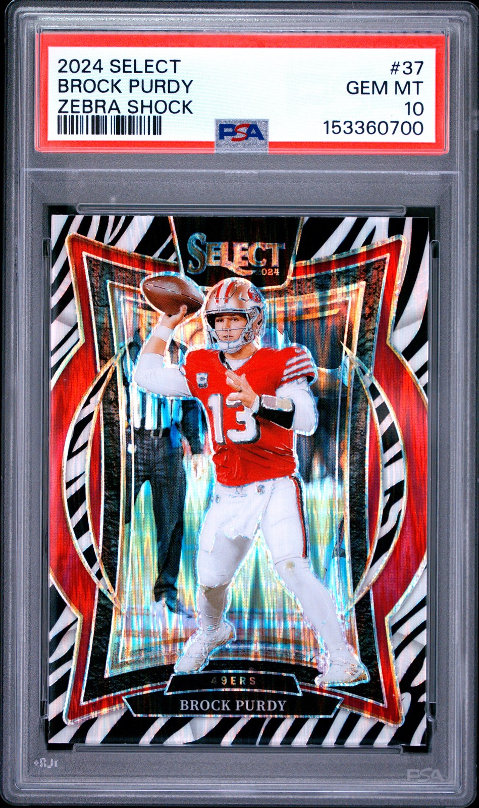 2024 PANINI SELECT ZEBRA SHOCK #37 BROCK PURDY PSA 10