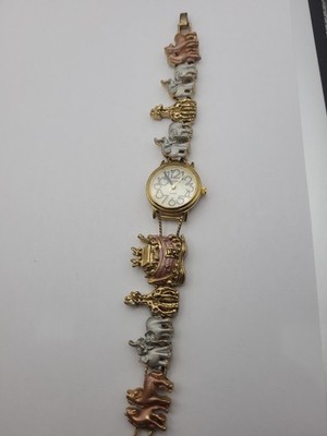 Vintage Slide Time Womens Noah's Ark Gold Tone Charm Bracelet Watch Working
