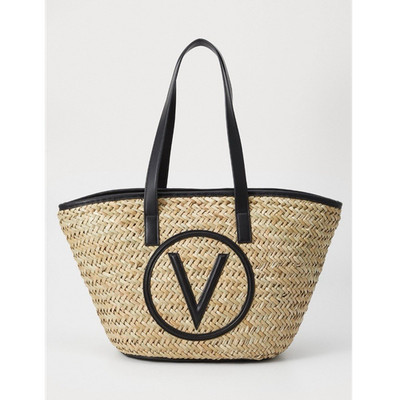 Valentino Large Bast and Leather Tote Bag, Woven, Logo, Black Handles