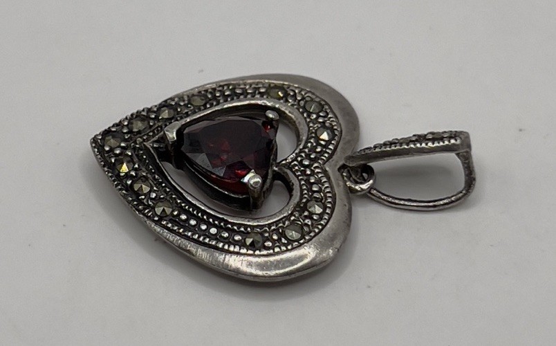 Sterling Silver Marcasite Ruby Heart Pendant(4.07… - image 4