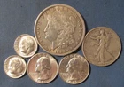 LOT 6 US SILVER COINS 1921 MORGAN SILVER DOLLAR 1937 HALF $ 2 QUARTERS ETC