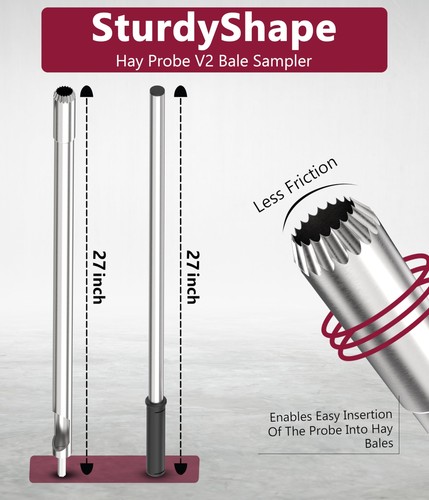 Three SturdyShape Premium Hay Probe V2 Bale Sampler with silver metal and black handles, 27 inch length, on red surface.