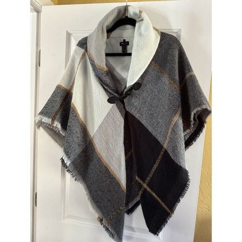 Modena Plaid Poncho Cape Wrap Fringe Toggle Cozy Shawl Gray White Tan One Size