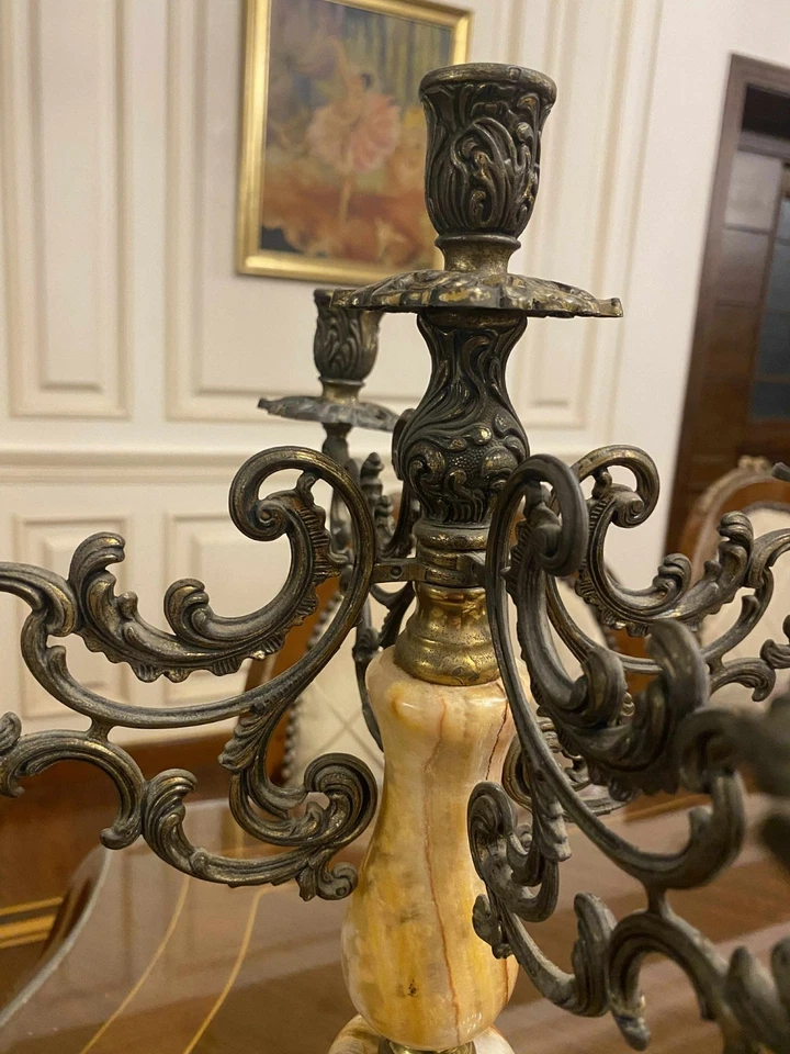 Candeeiro de mesa antigo castiçal bronze mármore Art Nouveau barroco - Imagem 4 de 4