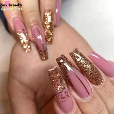 24xFake Nail French Long Pink Nails Gold Powder False Nails Press On Nails