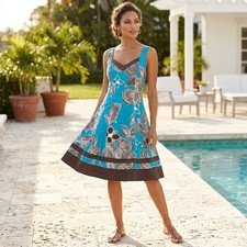 Nine West Dress Women Blue Brown Floral Sleeveless Fit Flare Knee Length VNeck 8