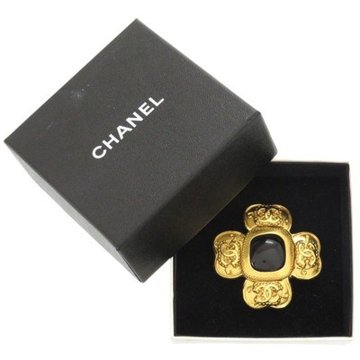 CHANEL ヴィンテージブローチ　クロスデザイン　CCマーク AUTHENTIC CHANEL CC Mark Clover Stone Vintage Brooch Gold/Black