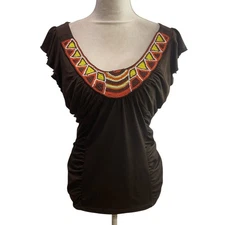 AB Studio Womens XL Brown Beaded Neck Ruffle Sleeve Blouse Top