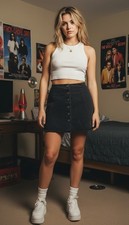 Vintage 90s Contempo Casuals Black Denim Button Front Mini Skirt Sz 11/12 A-Line