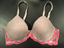 Natori 34D Padded Underwire Blush/Nude Bra W Hot Pink Lace Trim