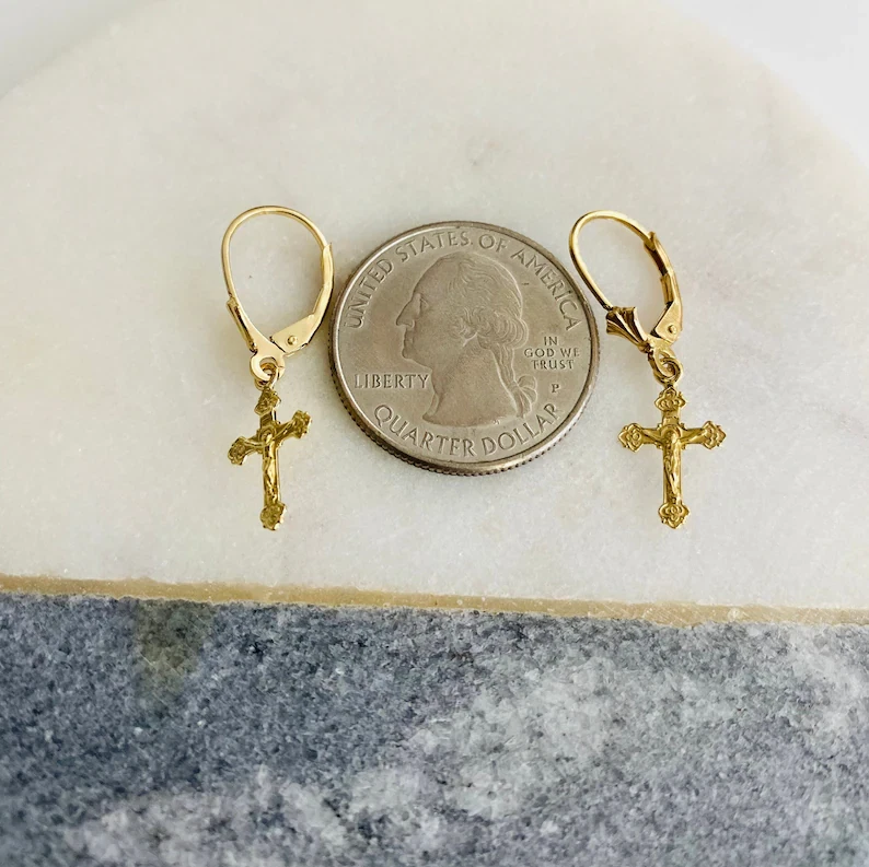 14K Solid Yellow Gold Crucifix Earrings 30mm x 9mm Jesus Cross Leverback-TF1777 - Image 3 of 4