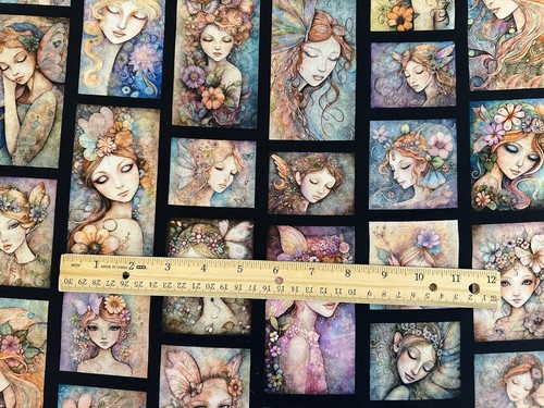 ENCHANTED FAIRY PORTRAIT PATCHES BLACK BY QT FANTASY FAIRIES FABRIC HALF YARD - Picture 5 of 9