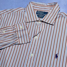 Ralph Lauren Orange Blue Striped Front Button Up Cotton Shirt Men's Size XL