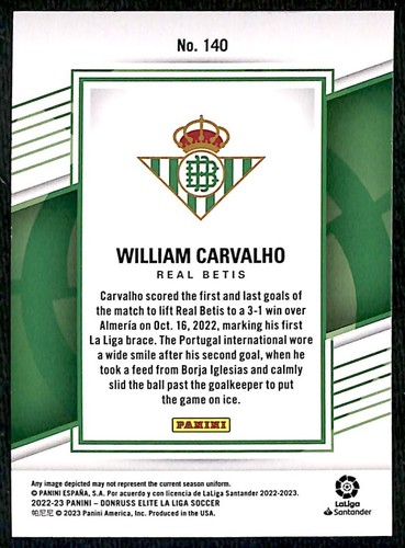 2022 Donruss Elite LaLiga Santander William Carvalho Betis #140 - Picture 2 of 2