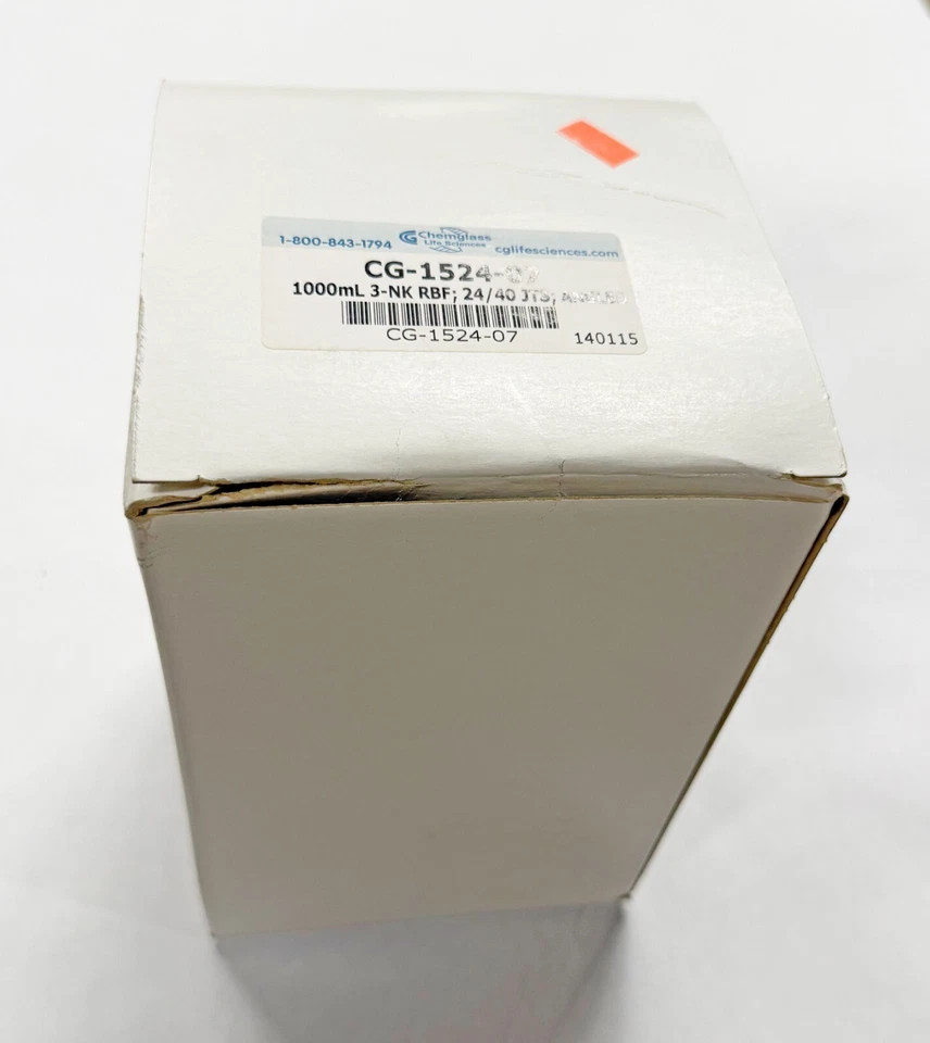 CHEMGLASS CG-1524-07 Heavy Wall 1L Round Bottom 3-Neck 1000mL Flask Angled 24/40 - Image 2 of 3