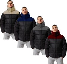 New Mens 2 Tone Quilted Puffer Jacket Hooded Bubble Padded Coat Contrast Puffer