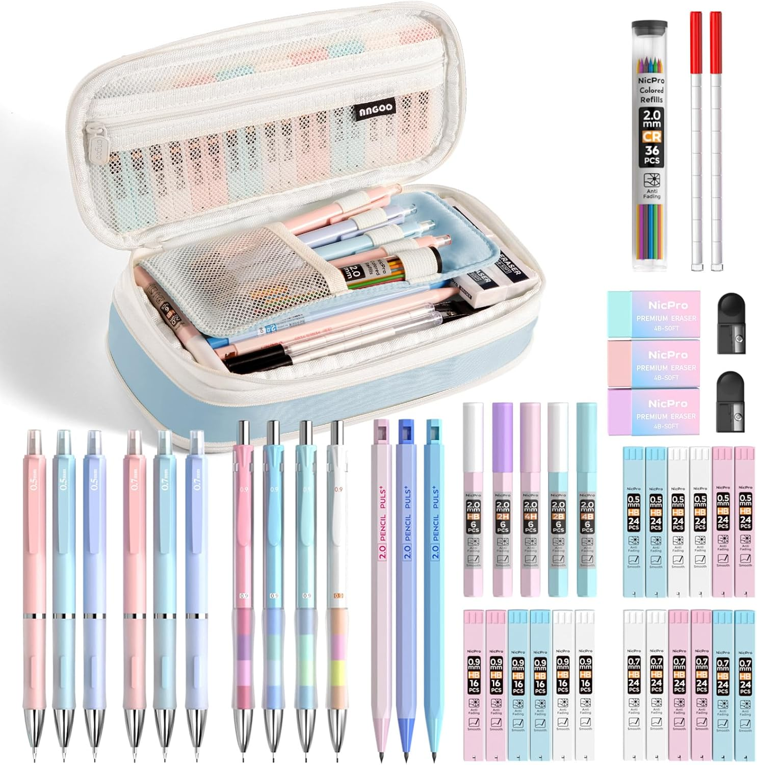 45 PCS Aesthetic School Supplies Big Capacity Pen Case Pastel Mechanical Pencils
