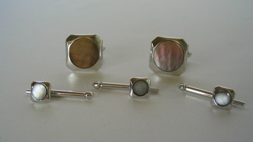 VINTAGE TIGER EYE TUXEDO SHIRT BUTTON STUDS CUFF LINK SET SWANK SILVER TONE - Picture 3 of 11