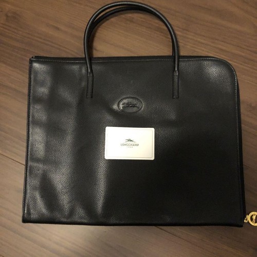 Longchamp Women's Briefcase PC Laptop Bag Leather Black Gold Logo Ladies Unisex