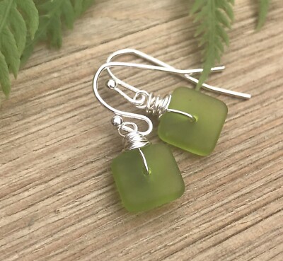 Min Favorit Olive Green Sea Glass Square & Silver Artisan Drop Earrings Petite