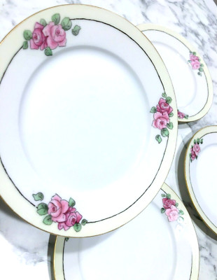 4 Antique MZ Austria Pink Rose Hand Painted Cake Pastry Dessert Plates 1884+