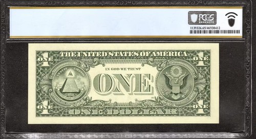 1993 $1 FEDERAL RESERVE NOTE FR.1919H RADAR SERIAL #1111 PMG GEM 65 PPQ (110B) - Picture 2 of 2