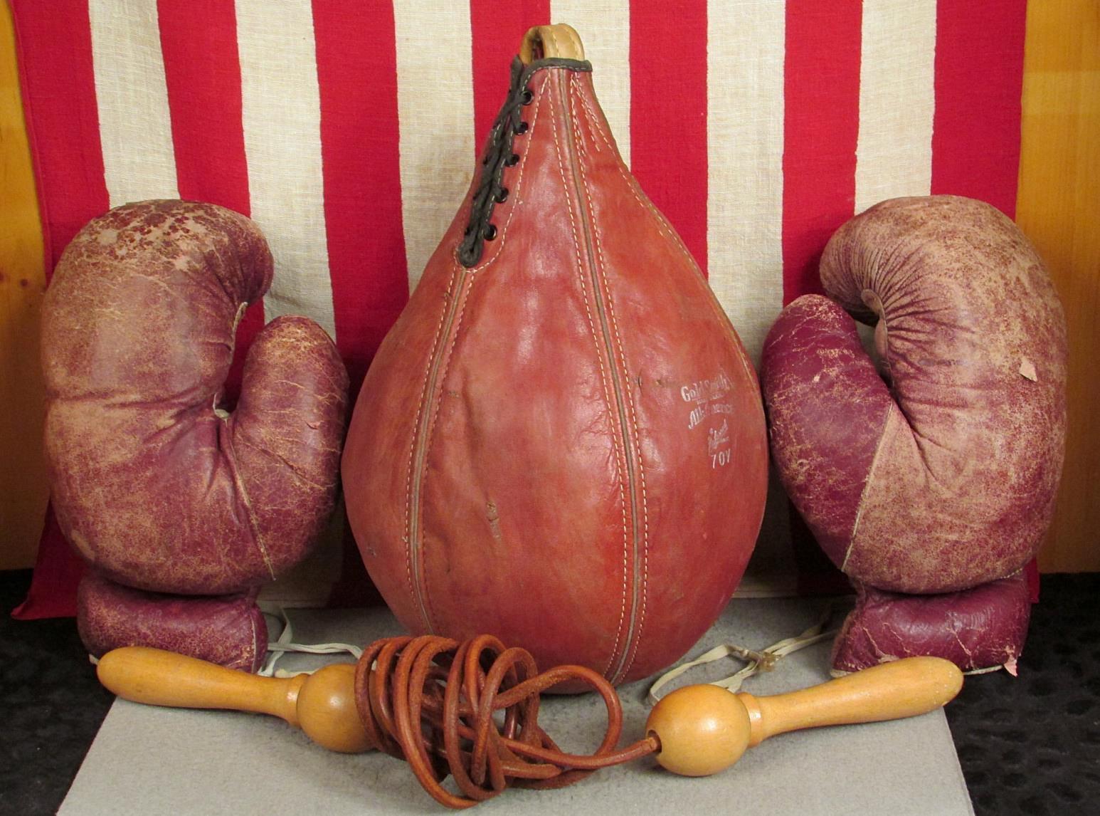 Vintage Goldsmith Leather Boxing Punching Speed Bag & Spalding Gloves