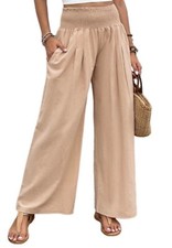 NEW Beige or Gray Smocked Wide Waistband High Waist Wide Leg Pants S M L XL