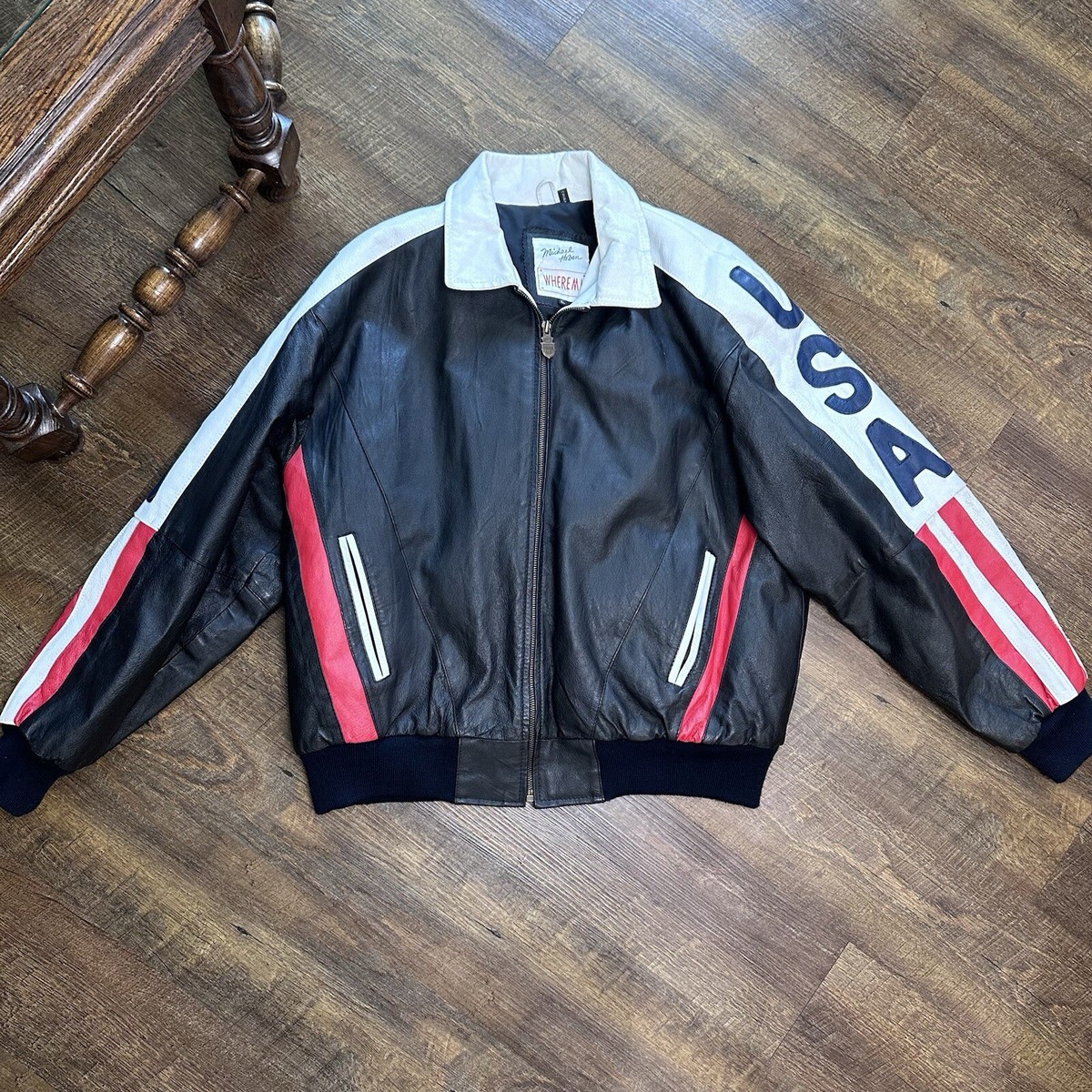 Vintage Michael Hoban Where M I American Flag Leather Jacket XL