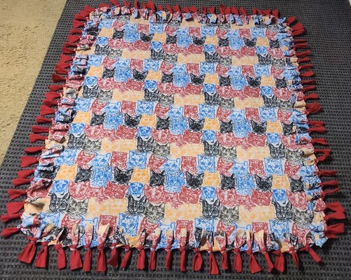 CAT PATTERN FLEECE BLANKET - DOUBLE LAYER TIED - 55” X 66”.